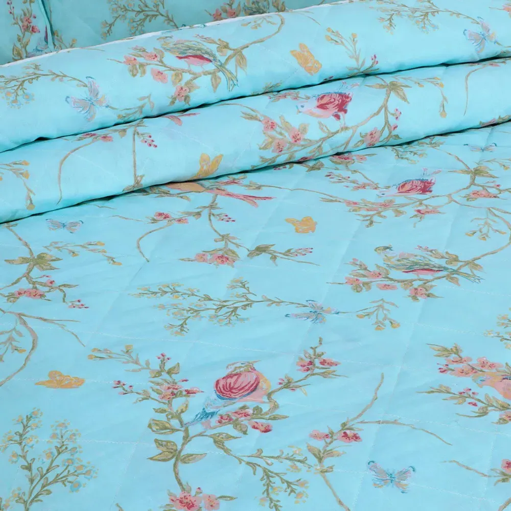 Double Birds Floral Bedspread Set - Duck Egg, Polycotton