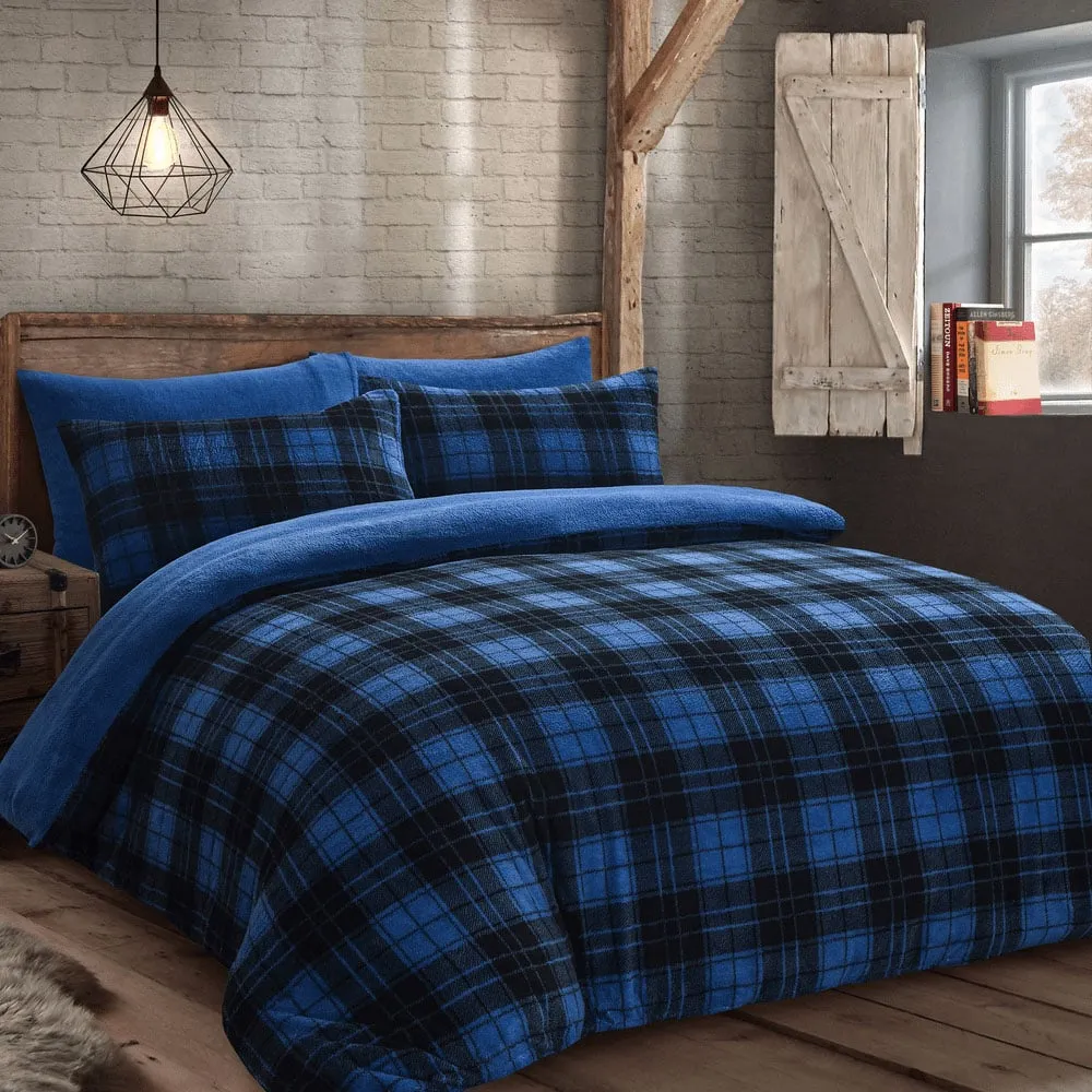 Double Check Teddy Fleece Duvet Set - Blue