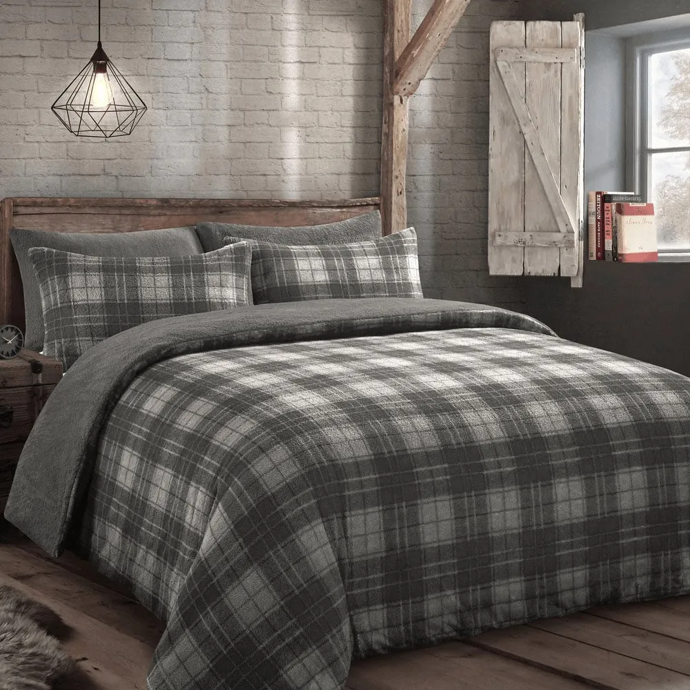 Double Check Teddy Fleece Duvet Set - Grey