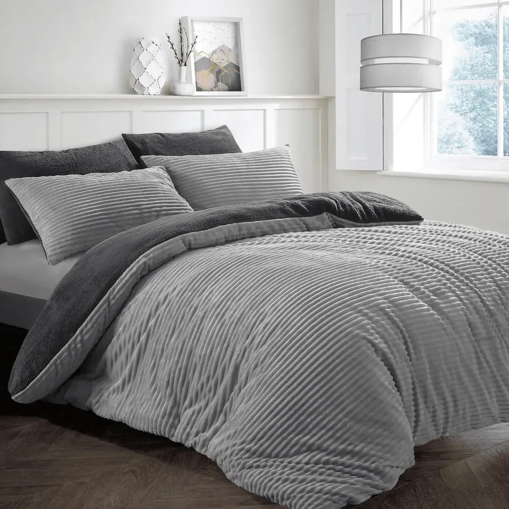 Double Plush Cord Duvet Set - Silver, Teddy Fleece
