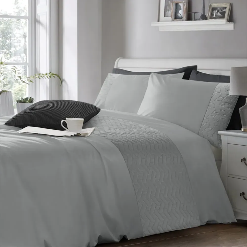 Double Quilted Geo Duvet Set - Grey