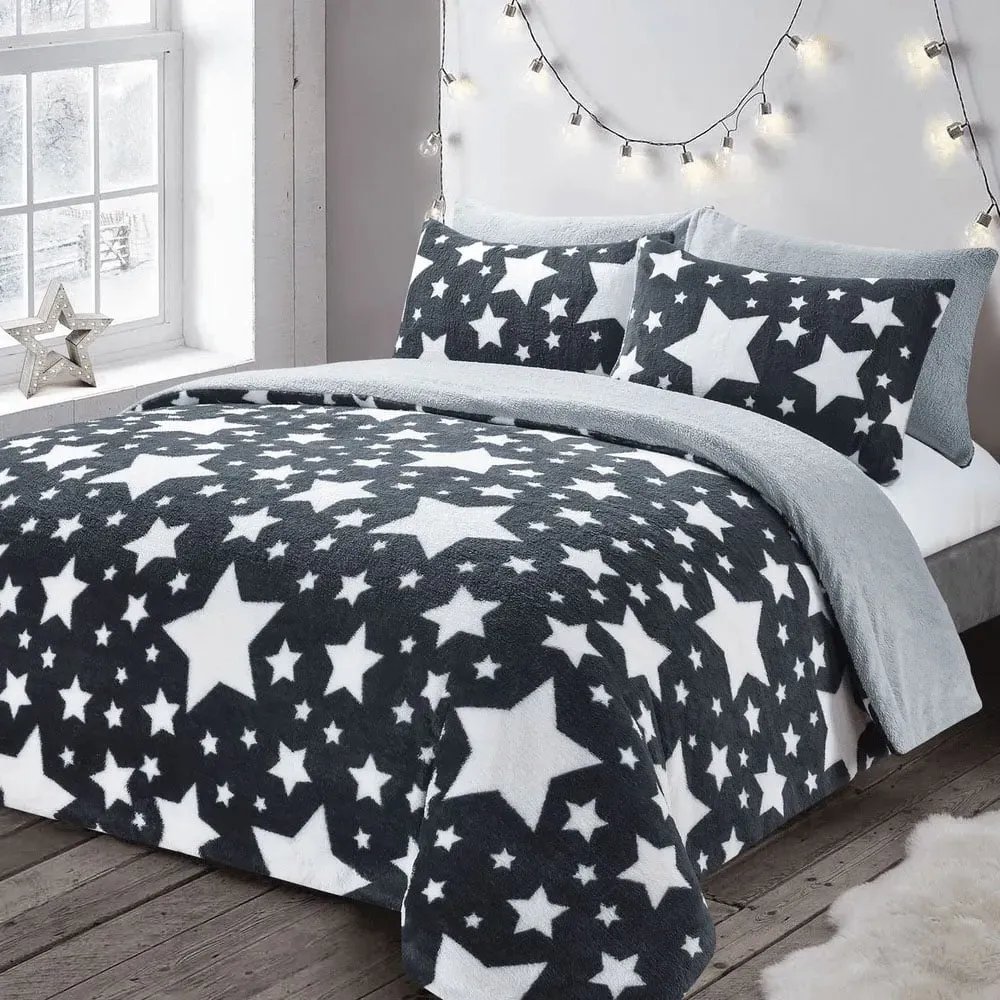 Galaxy Double Teddy Duvet Set - Grey, Fleece