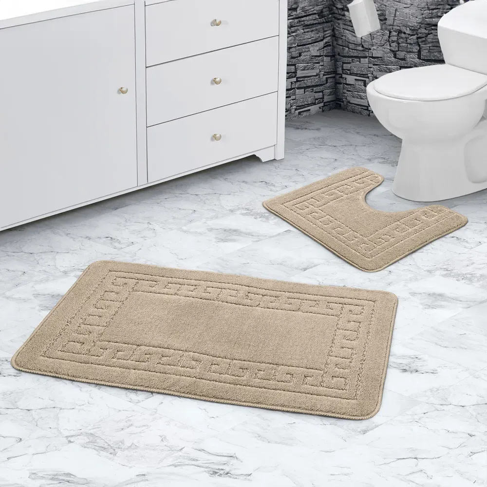 Greek Key Bath Mat Set - Beige, Polypropylene