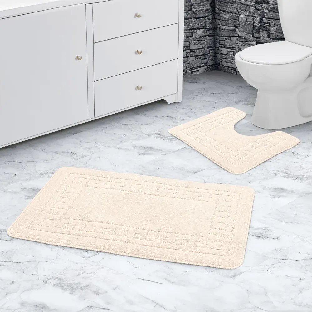 Greek Key Bath Mat Set - Cream, Polypropylene