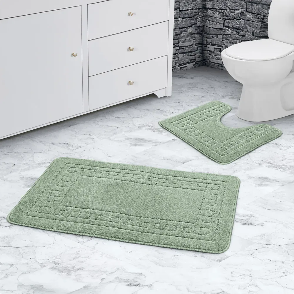 Greek Key Bath Mat Set - Green, Polypropylene