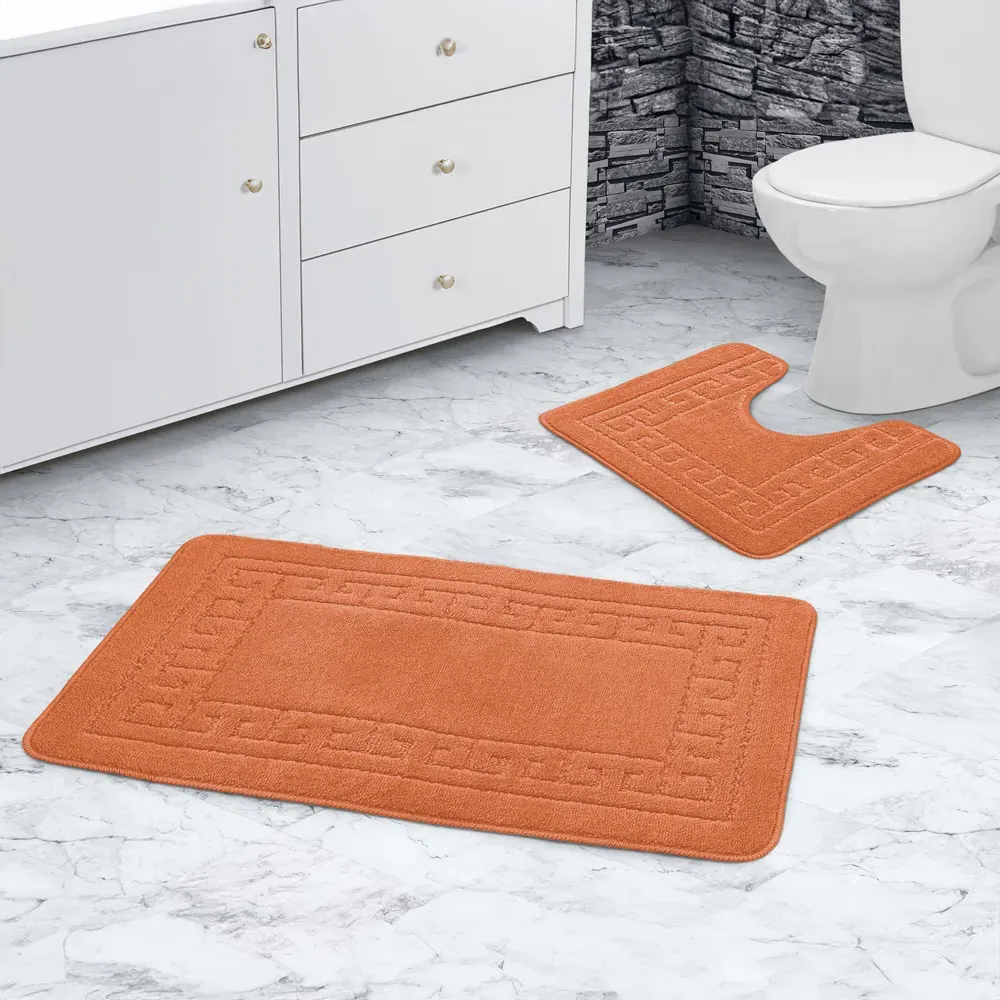 Greek Key Bath Mat Set - Orange