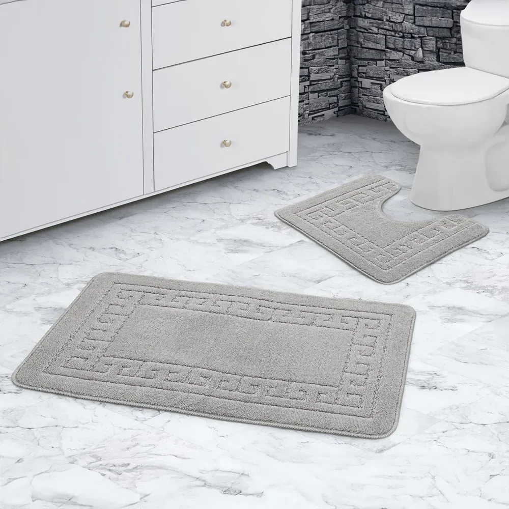 Greek Key Bath Mat Set - Silver, Polypropylene
