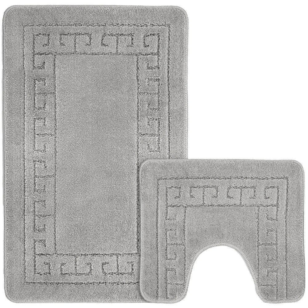 Greek Key Bath Mat Set - Silver, Polypropylene