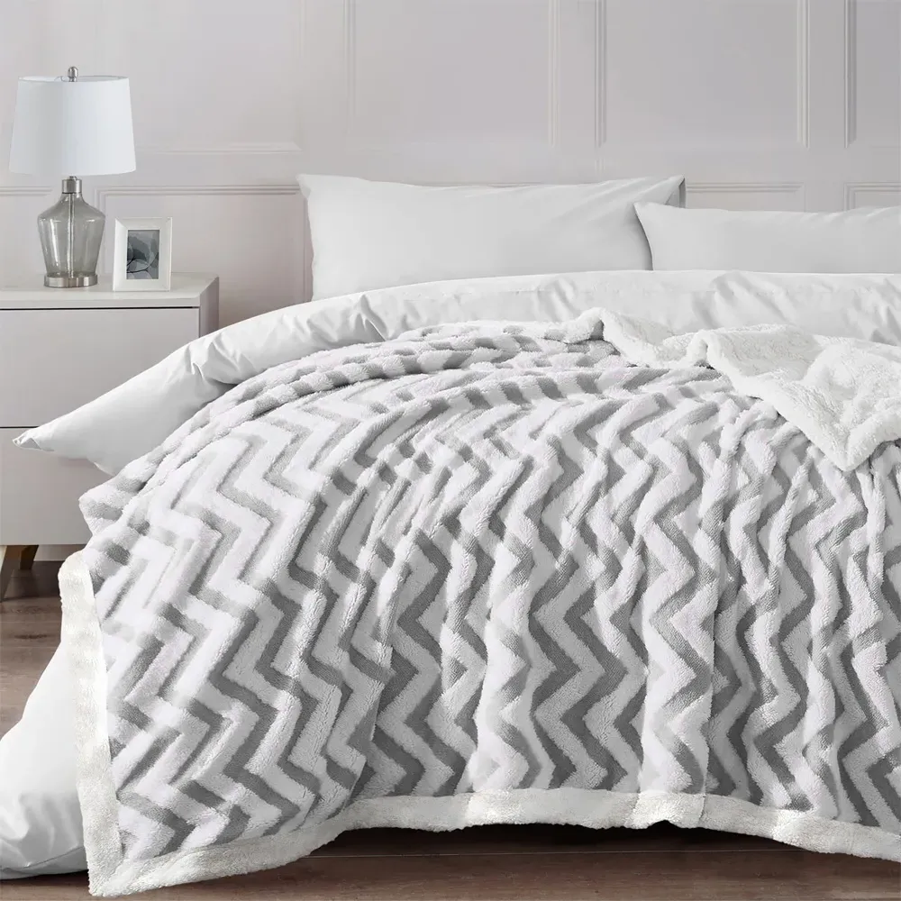 Grey Chevron Sherpa Throw - Grey, Polyester