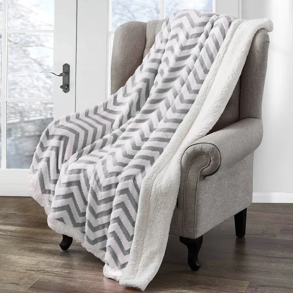 Grey Chevron Sherpa Throw - Grey, Polyester