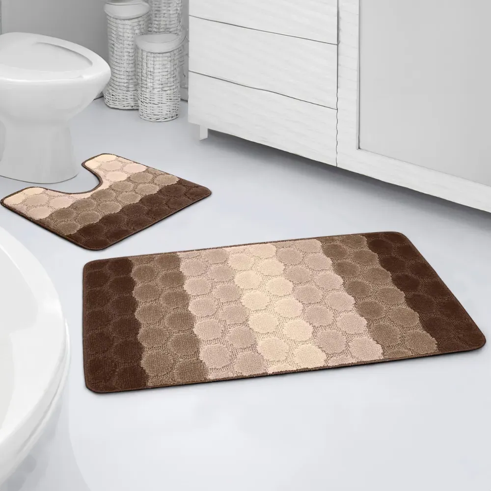 Hex Stripe Bath Mat Set - Brown, Polypropylene