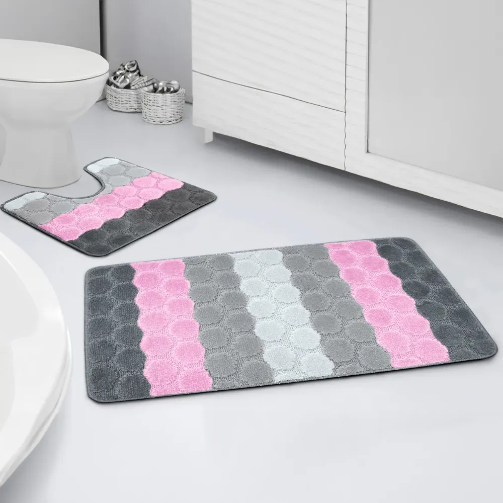 Hex Stripe Bath Mat Set - Pink, Polypropylene