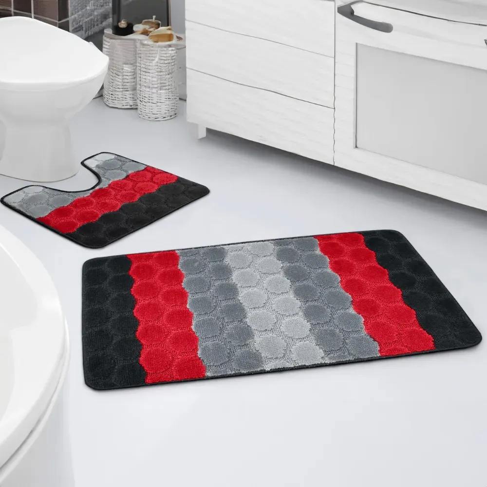 Hex Stripe Bath Mat Set - Red, Polypropylene