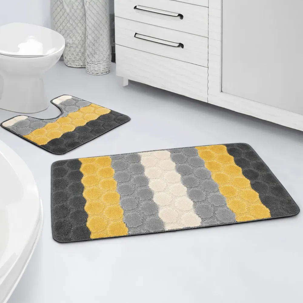 Hex Stripe Bath Mat Set - Yellow, Polypropylene