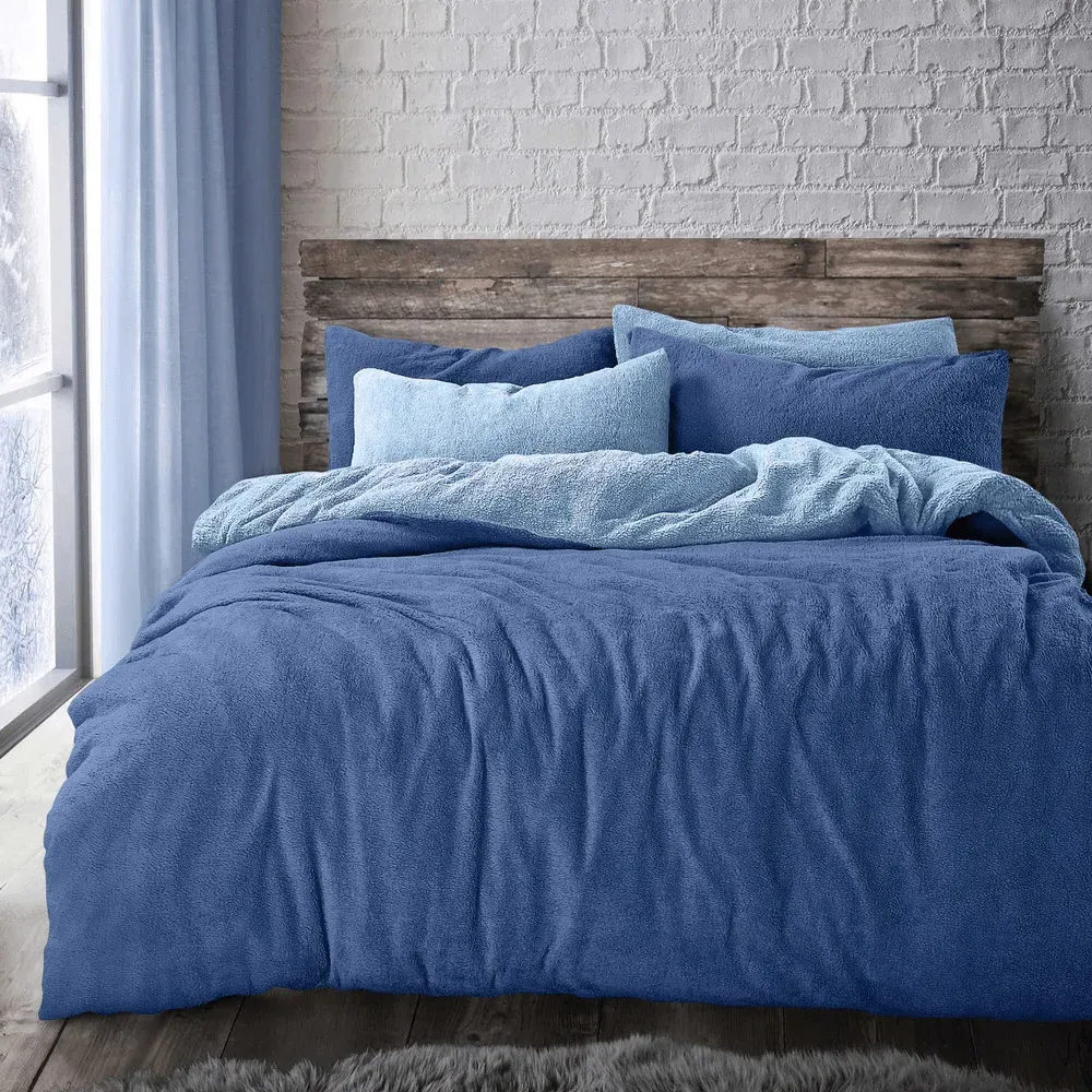 King Size Reversible Duvet Set - Blue, Teddy Fleece