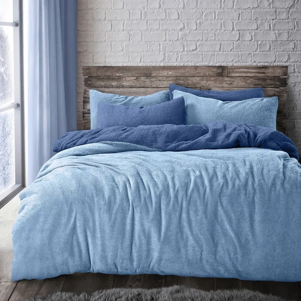 King Size Reversible Duvet Set - Blue, Teddy Fleece
