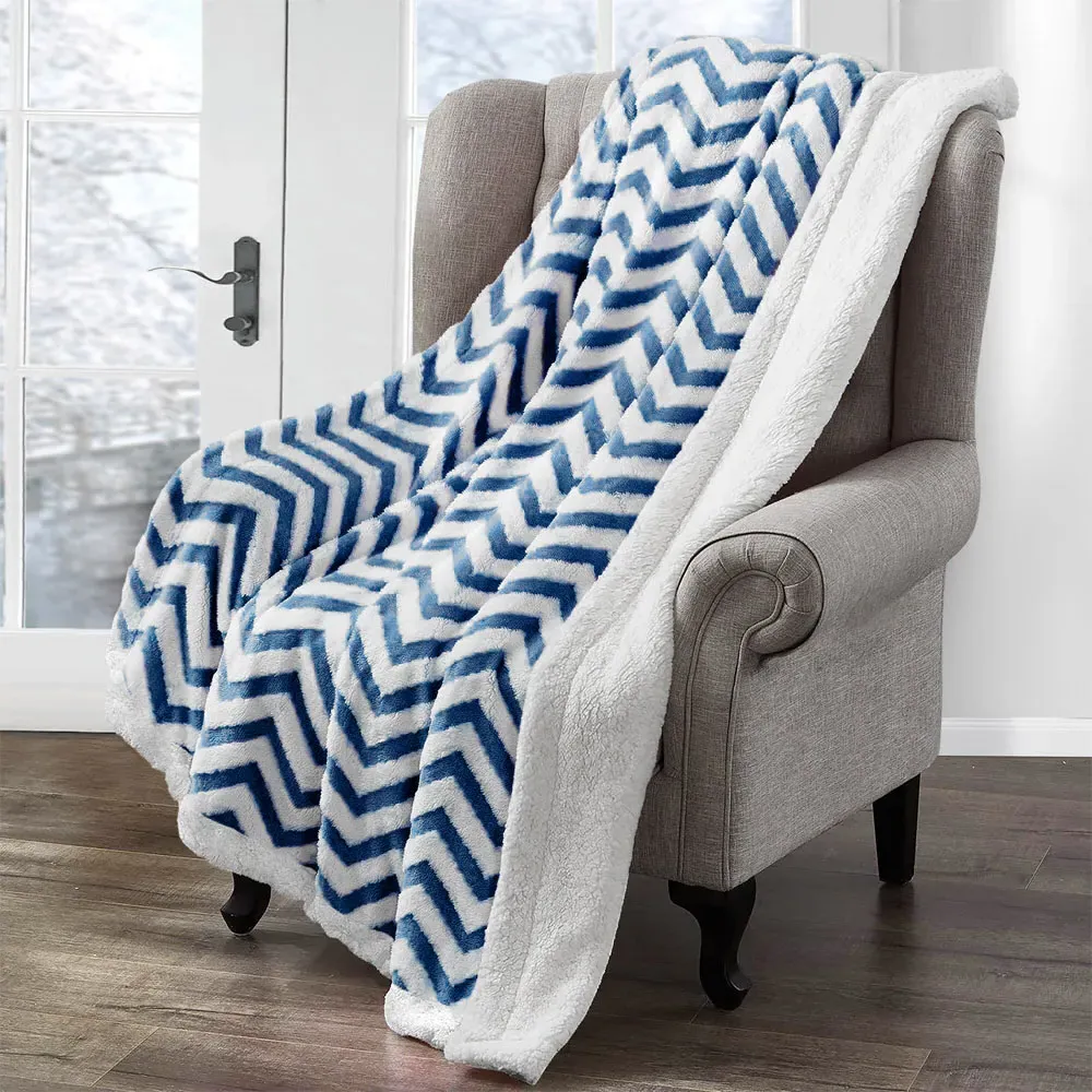 Navy Chevron Sherpa Throw 100 x 150cm - Navy, Polyester