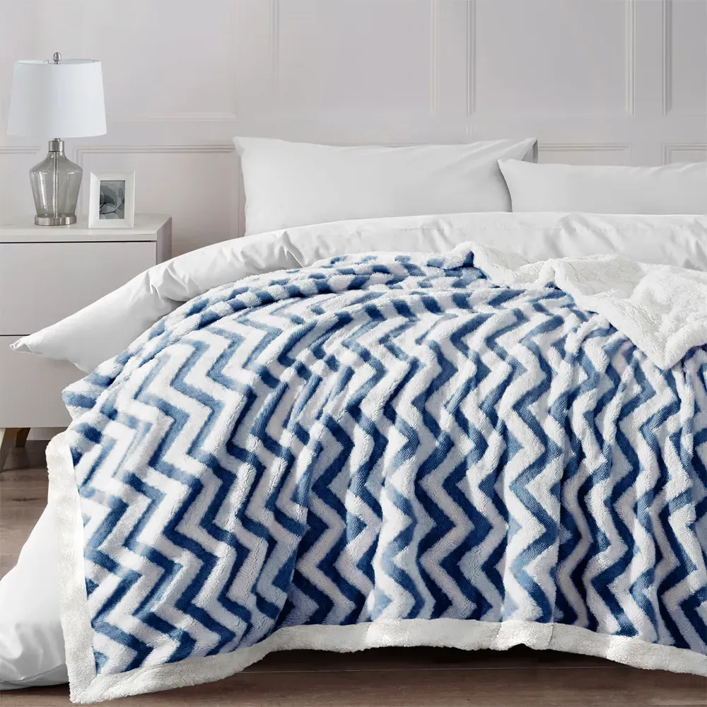 Navy Chevron Sherpa Throw 100 x 150cm - Navy, Polyester
