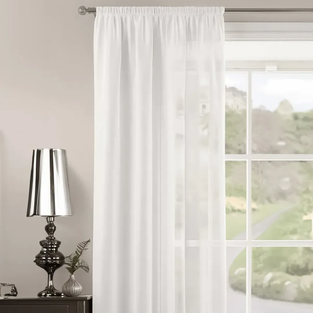 Riva Plain Slot Top Voile Panel Curtain - White, Polyester