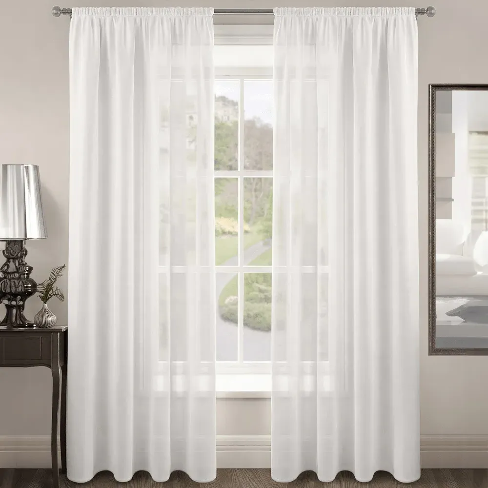 Riva Plain Slot Top Voile Panel Curtain - White, Polyester