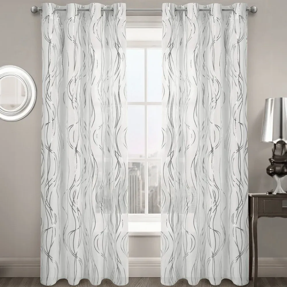 Silver Swirls Eyelet Voile Panel Curtain - Silver, Polyester