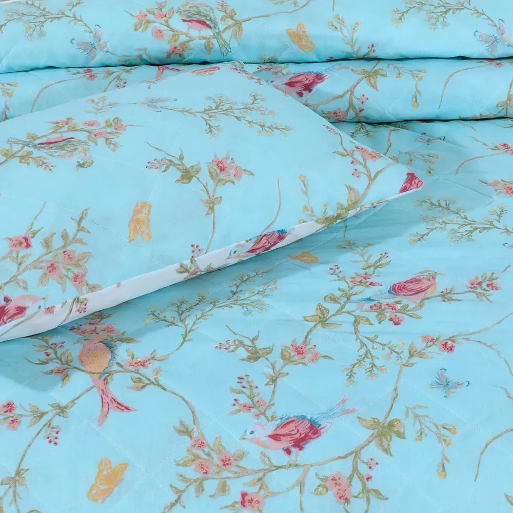 Single Birds Floral Bedspread Set - Blue, Polycotton