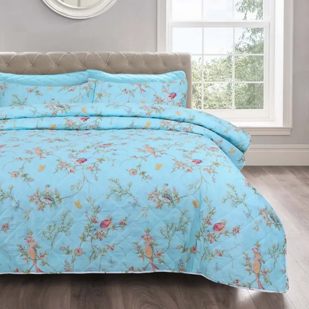 Single Birds Floral Bedspread Set - Blue, Polycotton