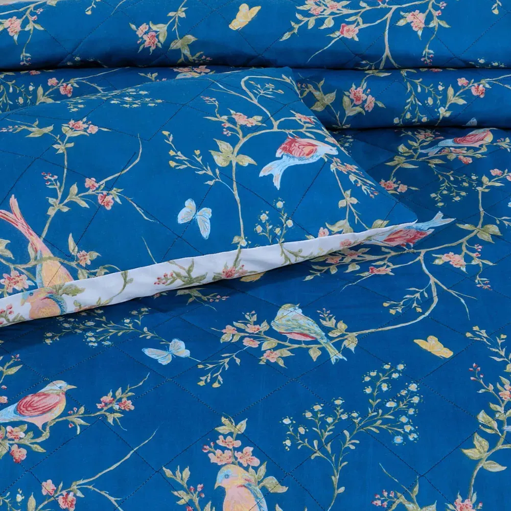 Single Birds Floral Bedspread Set - Navy, Polycotton