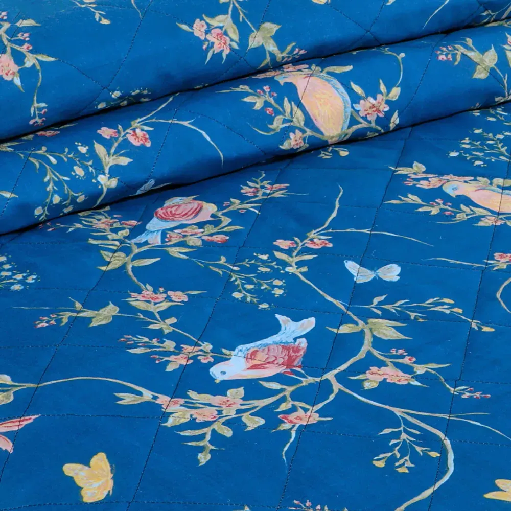 Single Birds Floral Bedspread Set - Navy, Polycotton