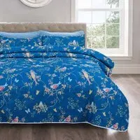 Single Birds Floral Bedspread Set - Navy, Polycotton