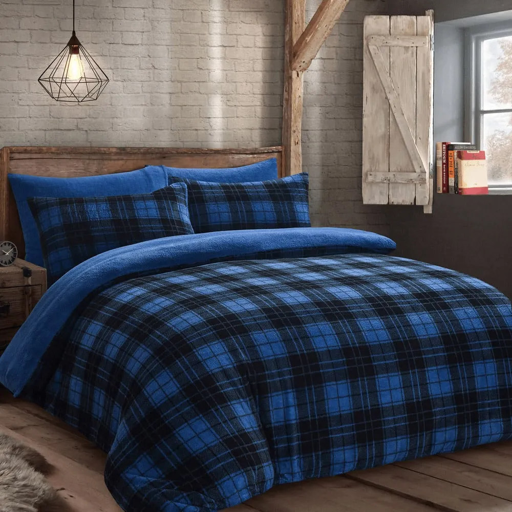 Single Check Teddy Fleece Duvet Set - Blue image