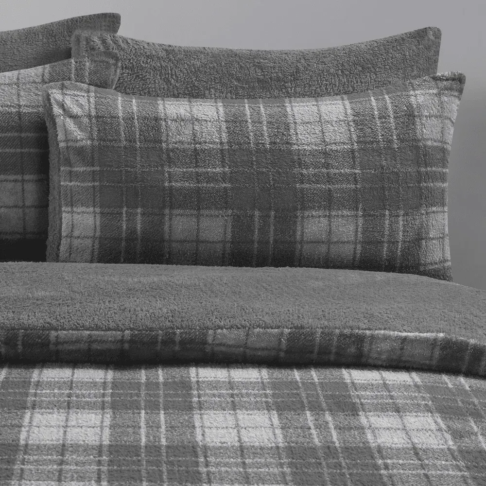 Single Check Teddy Fleece Duvet Set - Grey