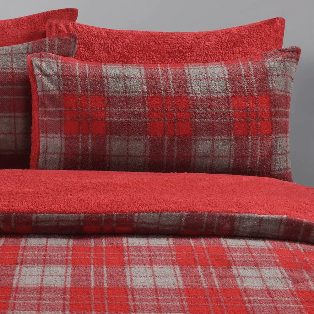 Single Check Teddy Fleece Duvet Set - Red