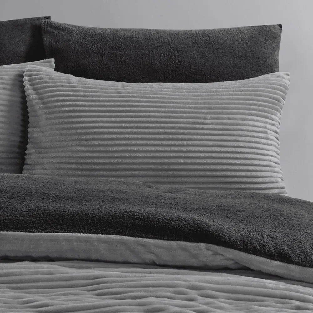 Single Plush Cord Duvet Set - Silver, Teddy Fleece