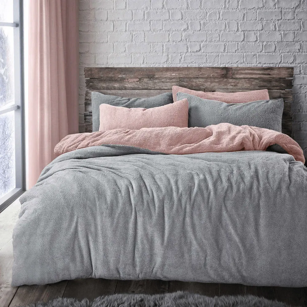 Single Reversible Duvet Set - Blush Silver, Teddy Fleece