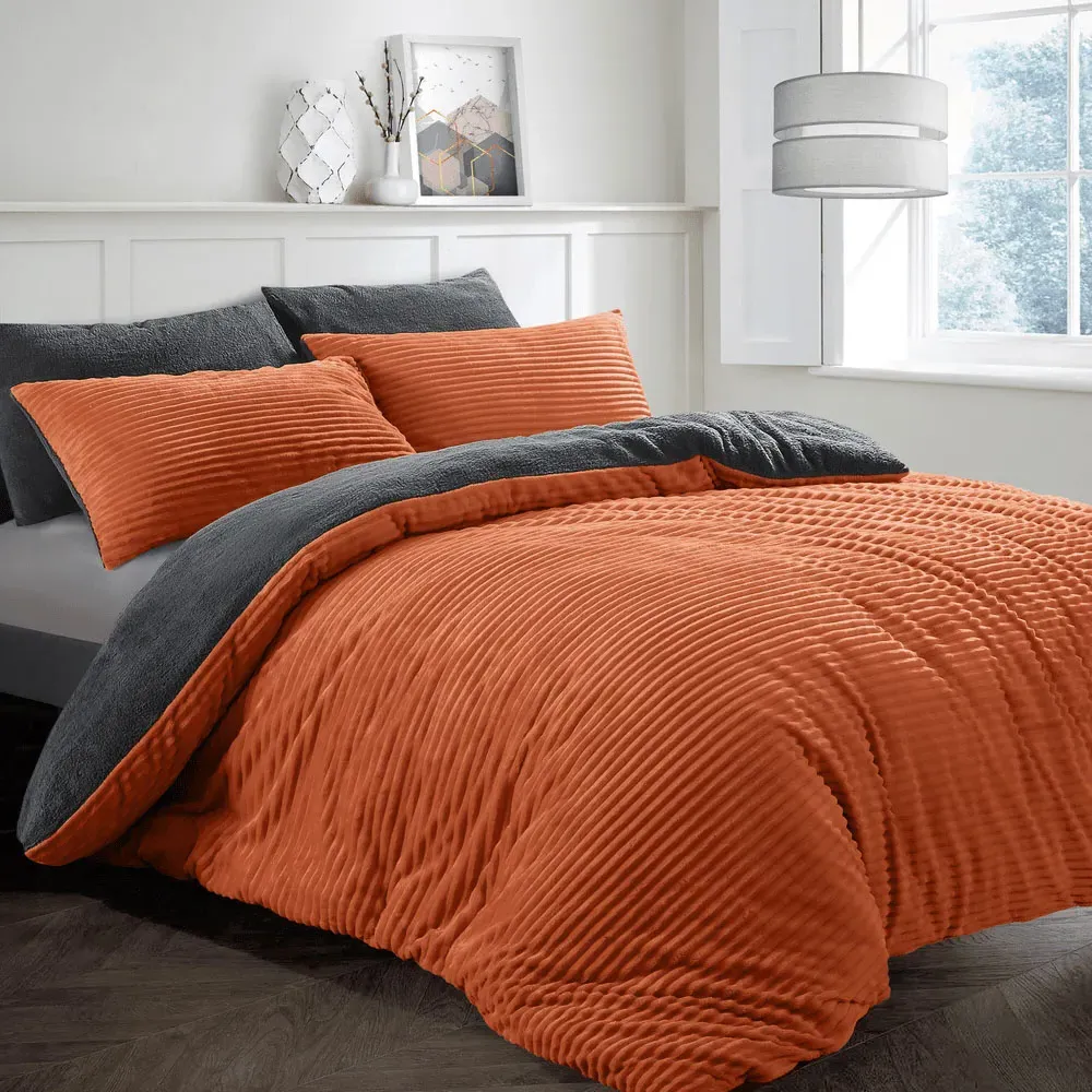 Super King Size Plush Cord Duvet Set - Rust, Teddy Fleece