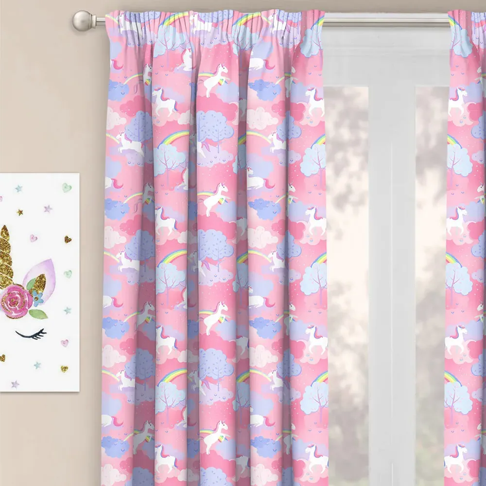 Unicorn Rainbow Curtain Pair - Pink, Polycotton