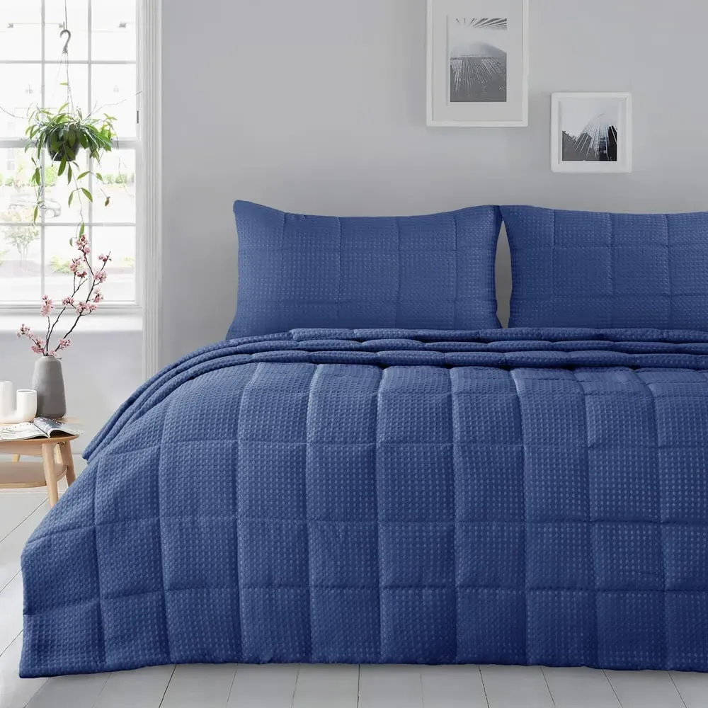 Waffle Weave Bedspread Set - Navy