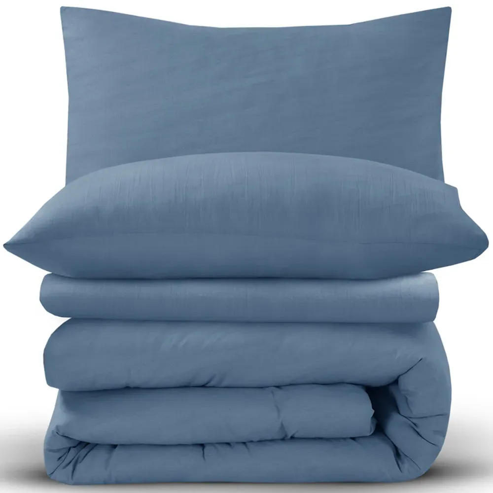 Washed Linen Look Double Duvet Set - Blue