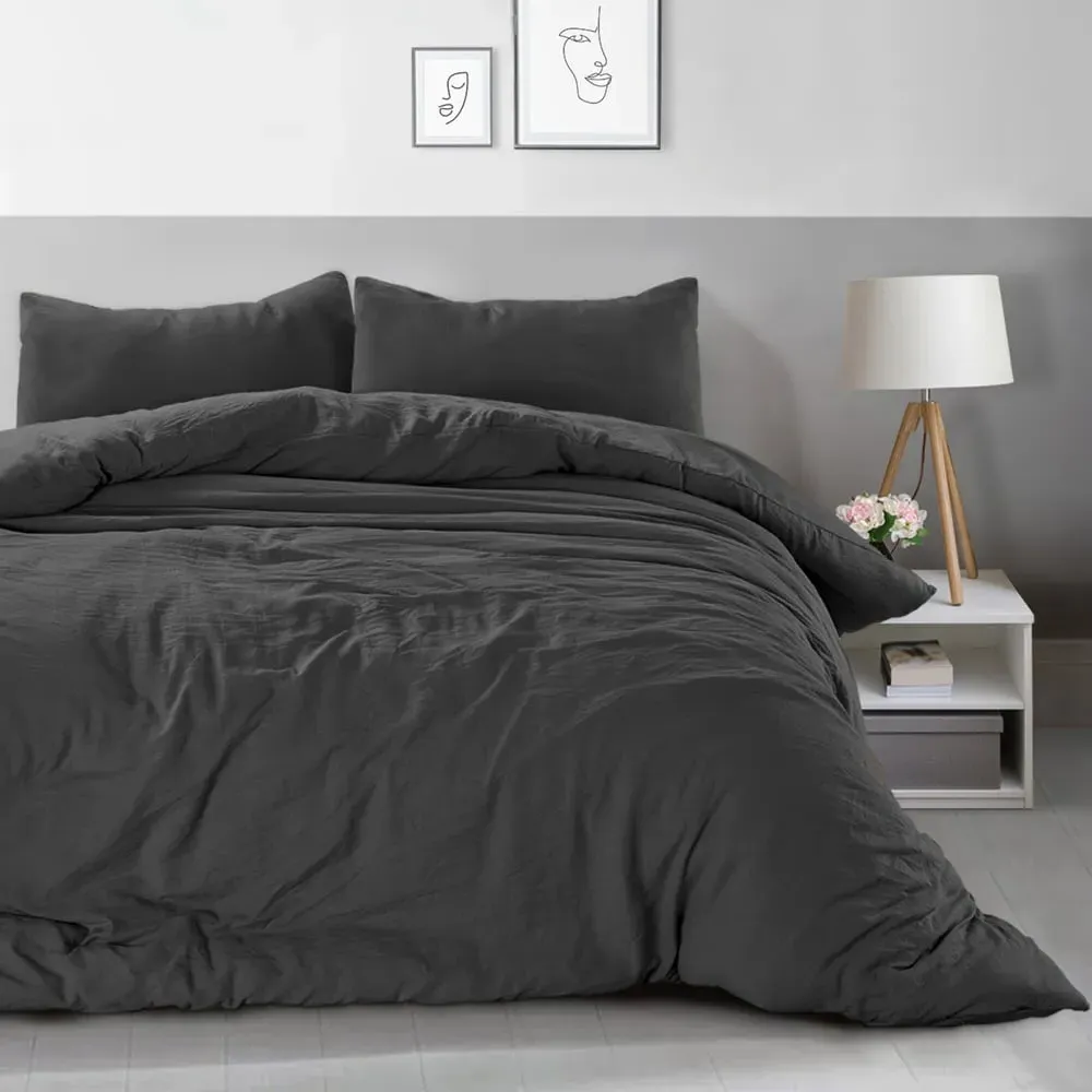 Washed Linen Look Double Duvet Set - Grey
