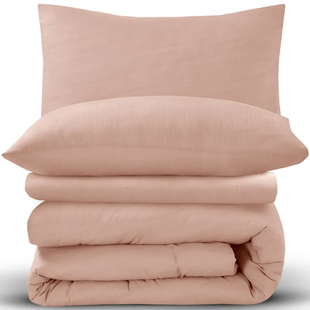Washed Linen Look Double Duvet Set - Pink