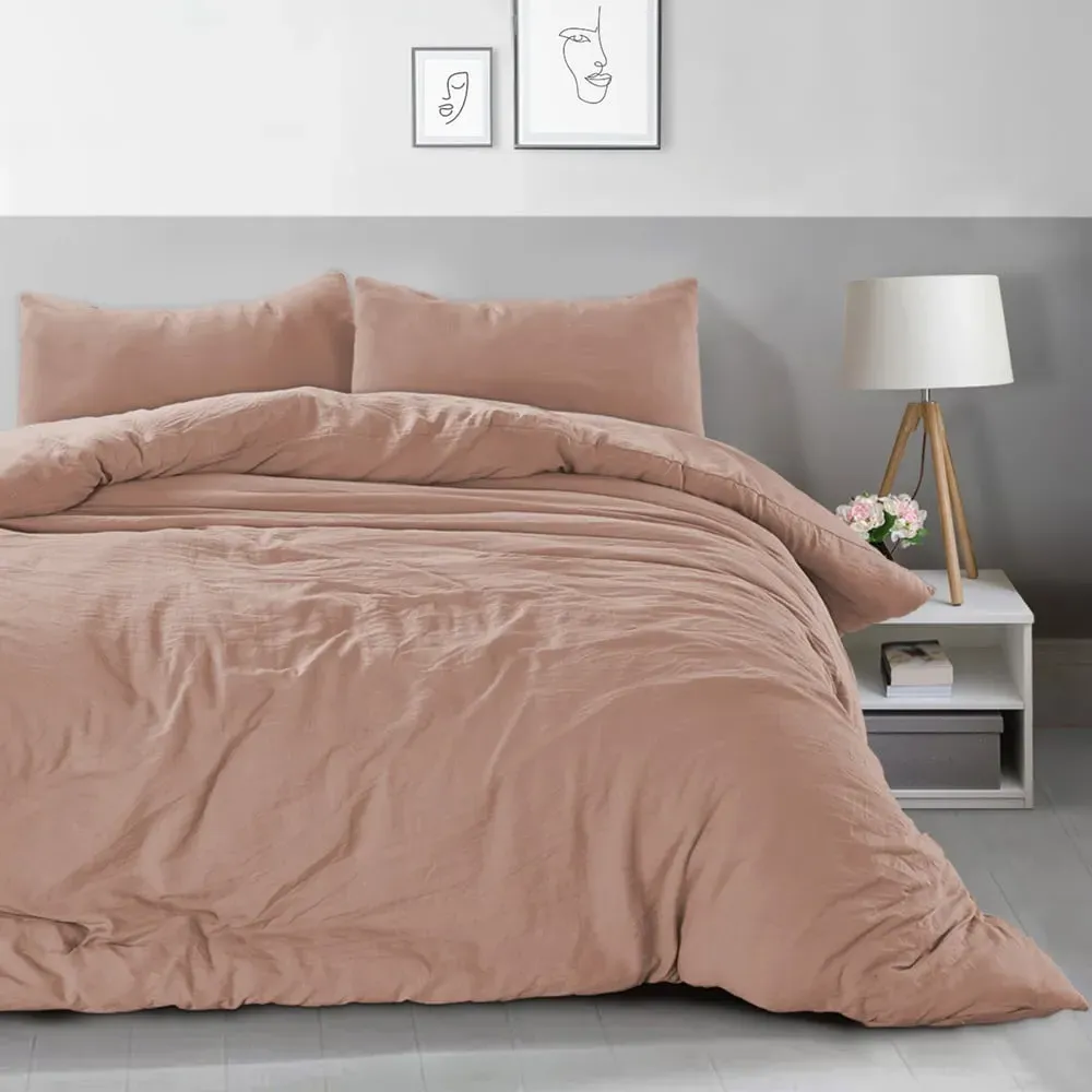 Washed Linen Look Double Duvet Set - Pink
