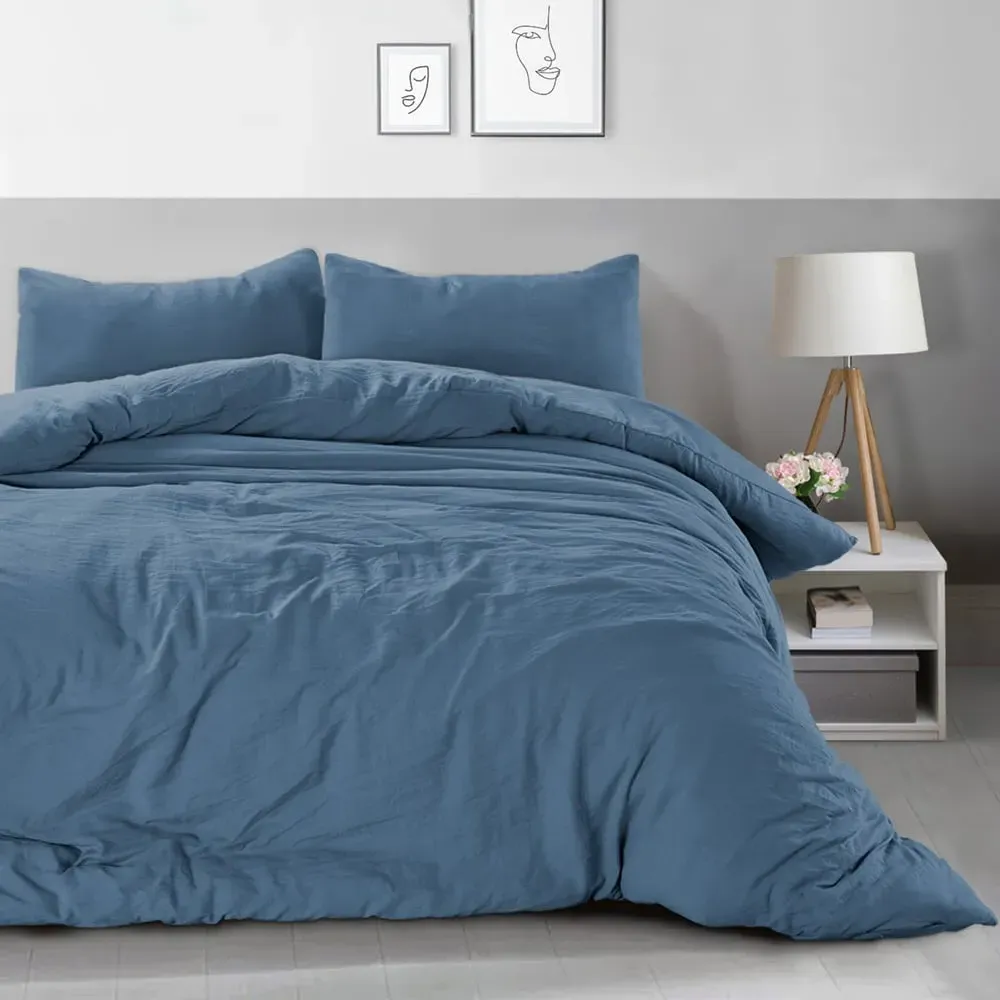 Washed Linen Look Single Duvet Set - Blue image