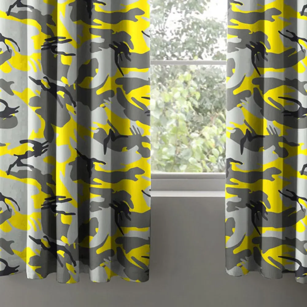 Yellow Camouflage Pencil Pleat Curtains - Yellow