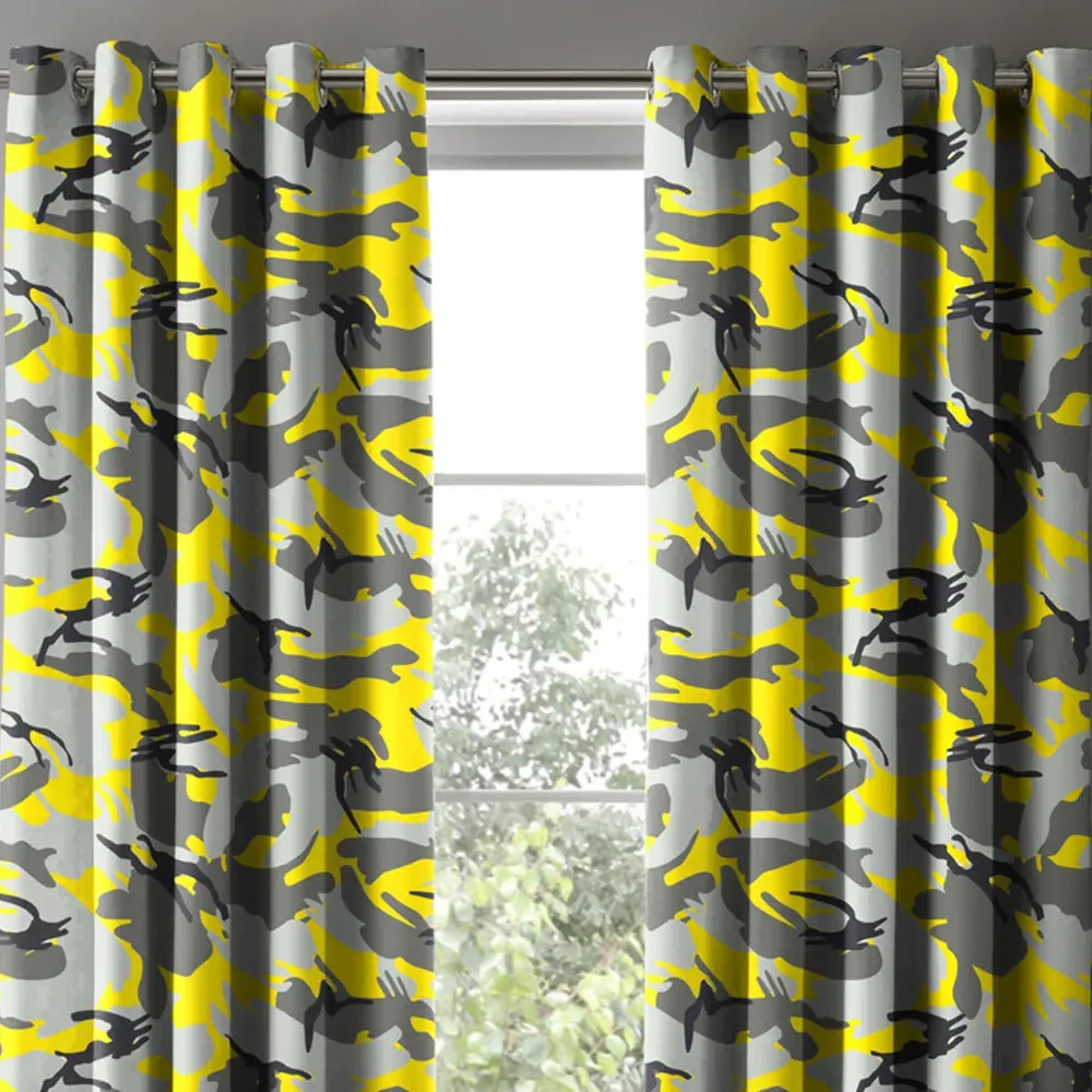 Yellow Camouflage Pencil Pleat Curtains - Yellow