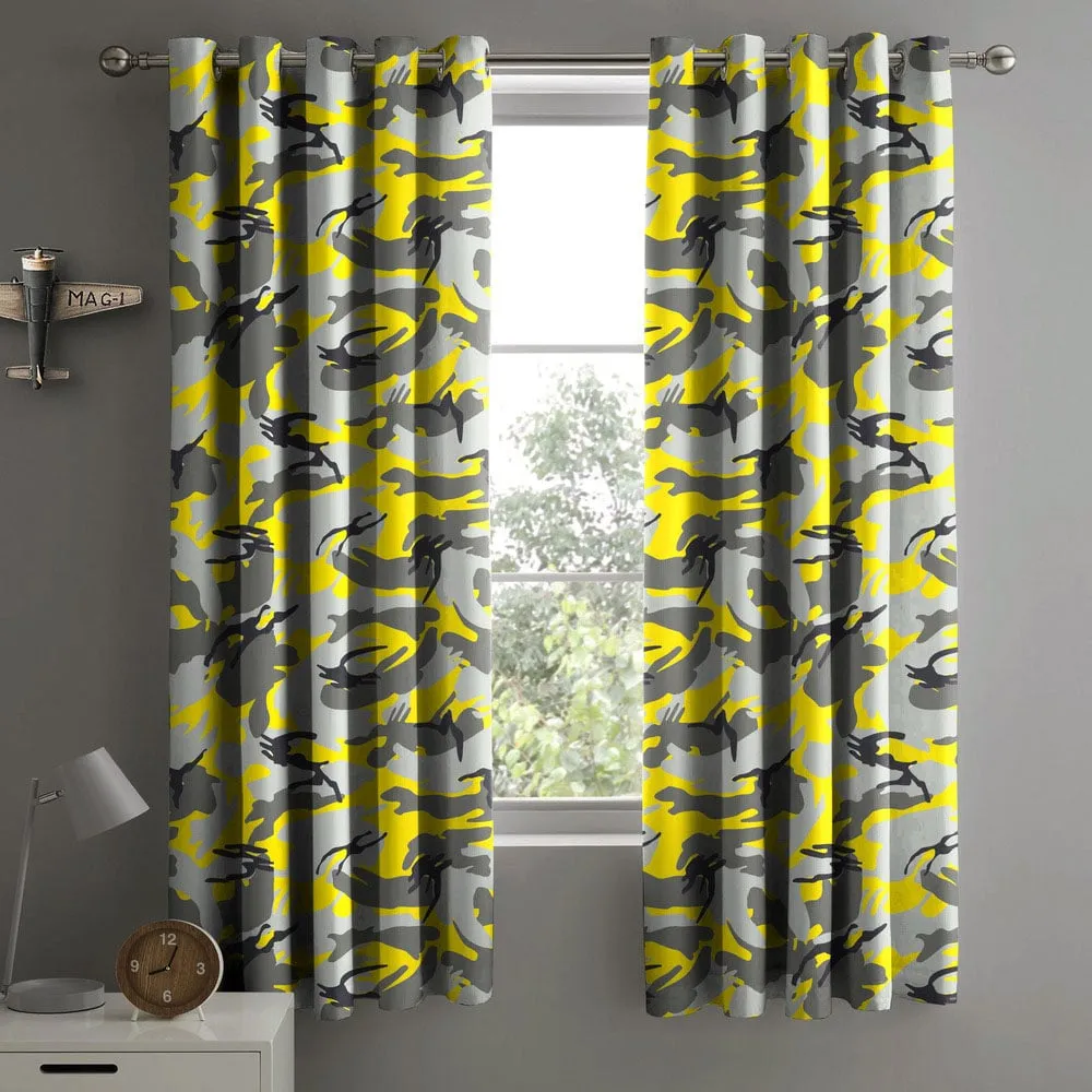 Yellow Camouflage Pencil Pleat Curtains - Yellow