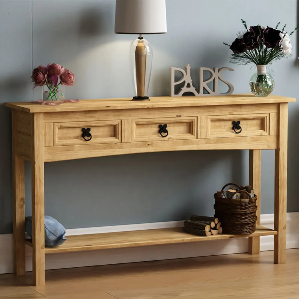 Corona 3 Drawer Console Table with Shelf - Brown, Pine