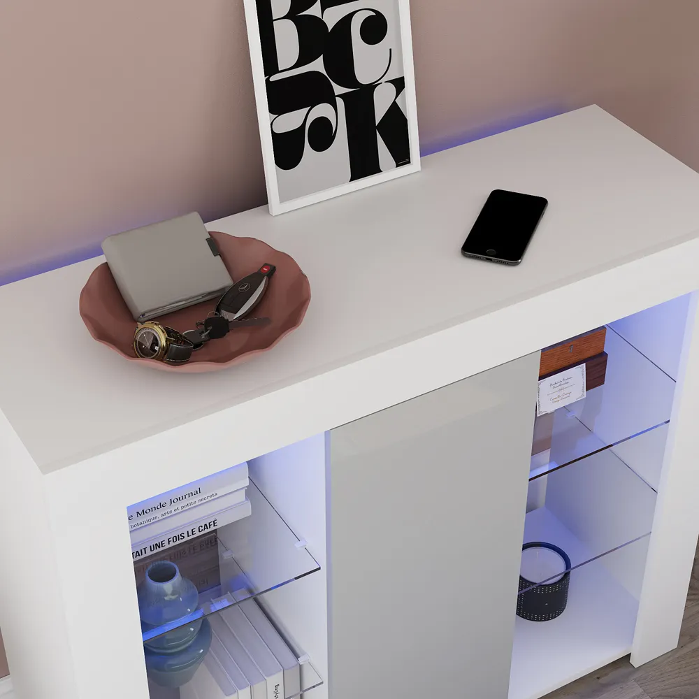 Azura Large Single Door Sideboard with LED - White, Grey