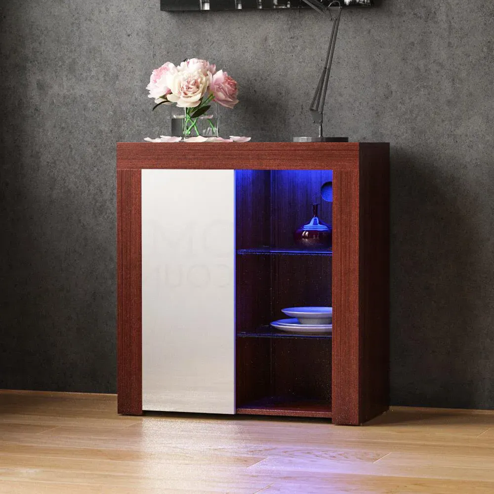 Azura Single Door Sideboard with LED - Walnut, White