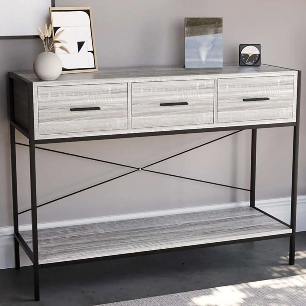 Brooklyn 3-Drawer Console Table with Shelf - Grey, Iron